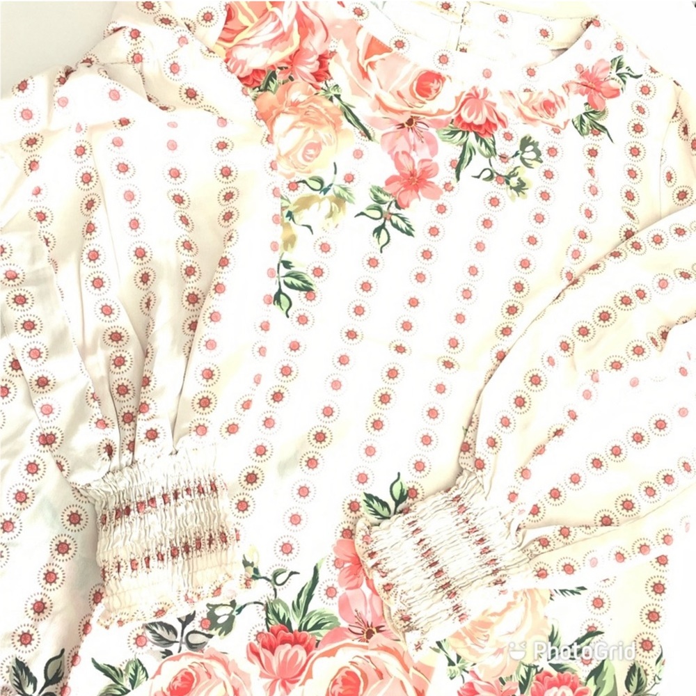 Floral Print Banded Neckline Long Bubble Sleeve Blouse Top NWT - Picture 4 of 12